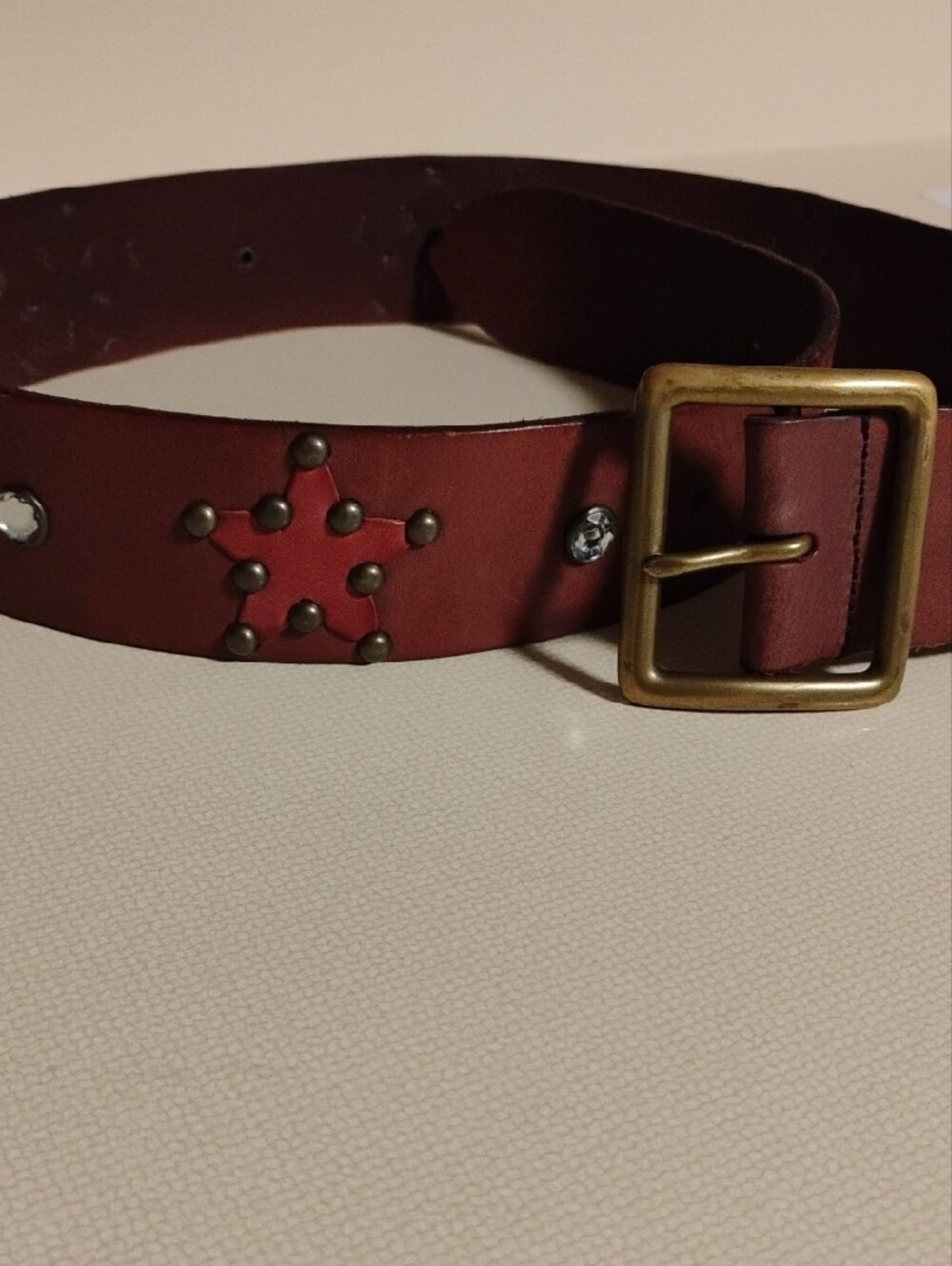 Linea Pelle Embellished Brown Leather Star Stud Belt with Rhinestones